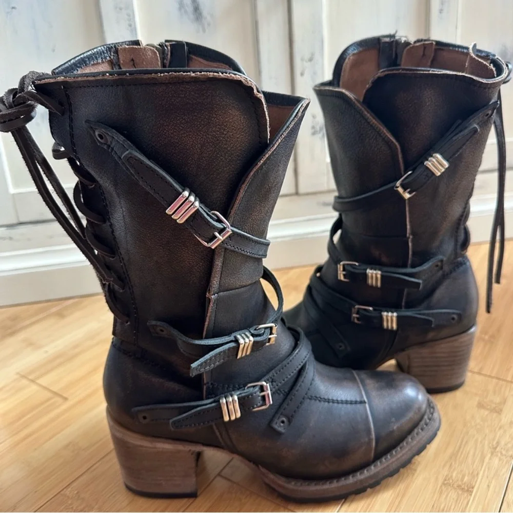 Freebird by Steven Steve Madden Cora Boho Distressed Buckle Lace Up Slouch Boots - Picture 6 of 7